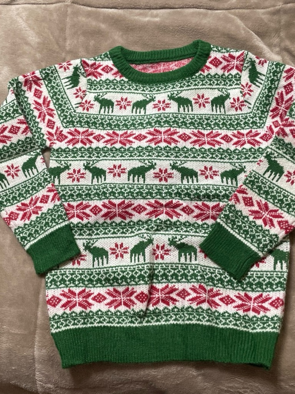 Source Unknown Green, White & Red Kids Fair Isle Reindeer Sweater